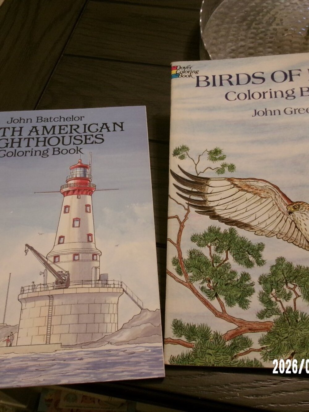 Lot of 2 Vtg DOVER Coloring Books: Lighthouses of N. America & Birds of Prey New